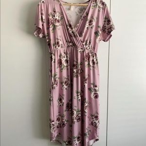 Pink floral maternity dress.